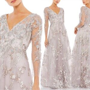 Appliquéd Illusion Long Sleeves A Line Gown